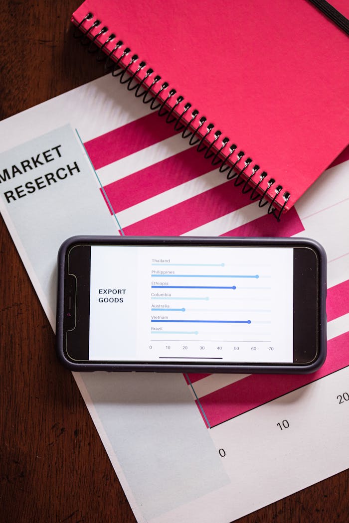 Top view of market research documents and smartphone showing export data charts.